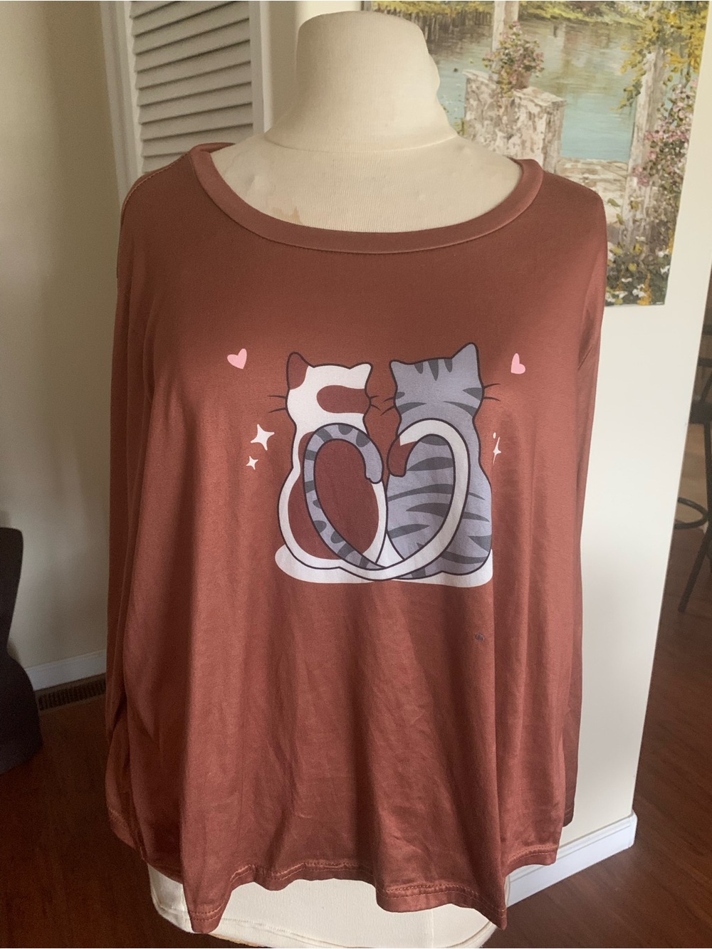 Rust Brown Cat Graphic Long Sleeve plus size Top - Brand Unspecified